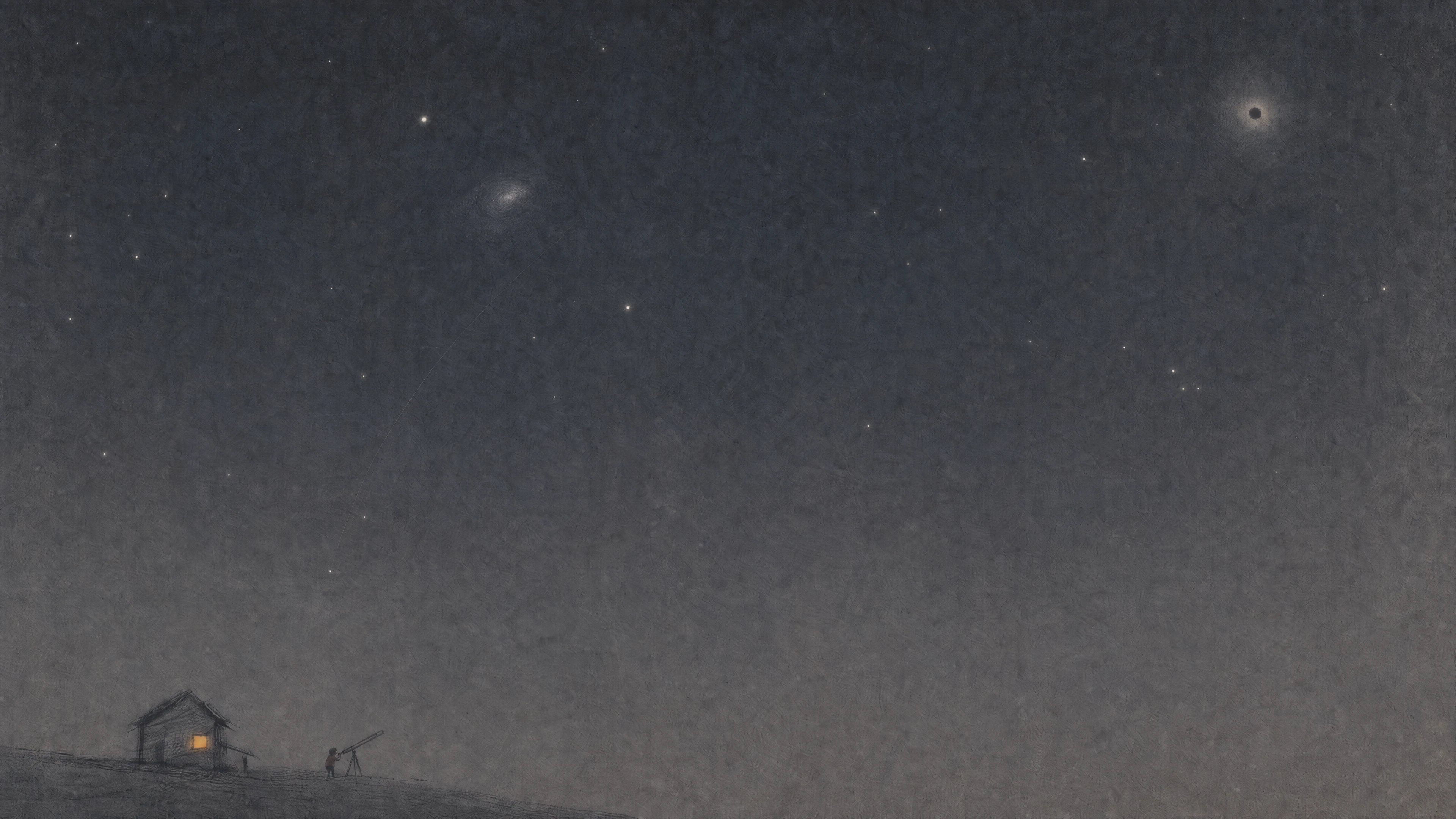 Image 8: A person looks through a telescope beside a small illuminated home beneath a vast starry sky.