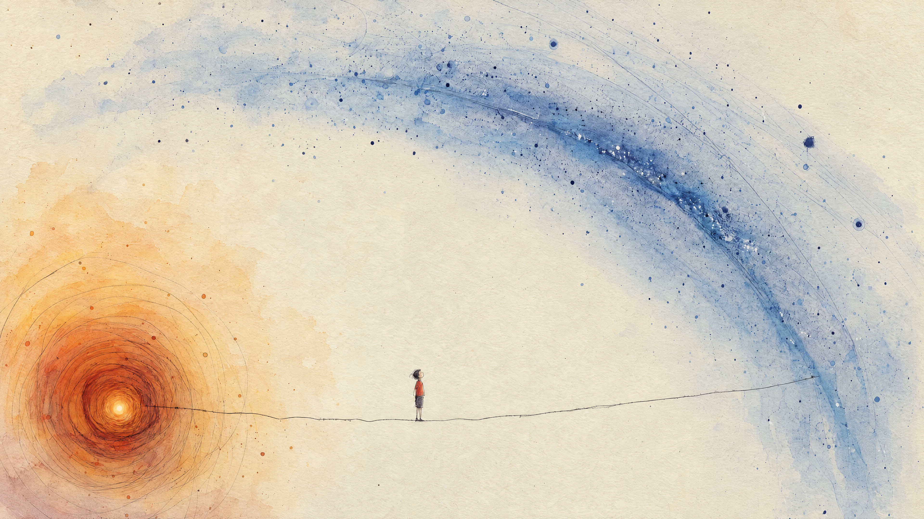 Image 9: A person stands on a thin line between an orange cosmic spiral and a sweeping blue field of stars.