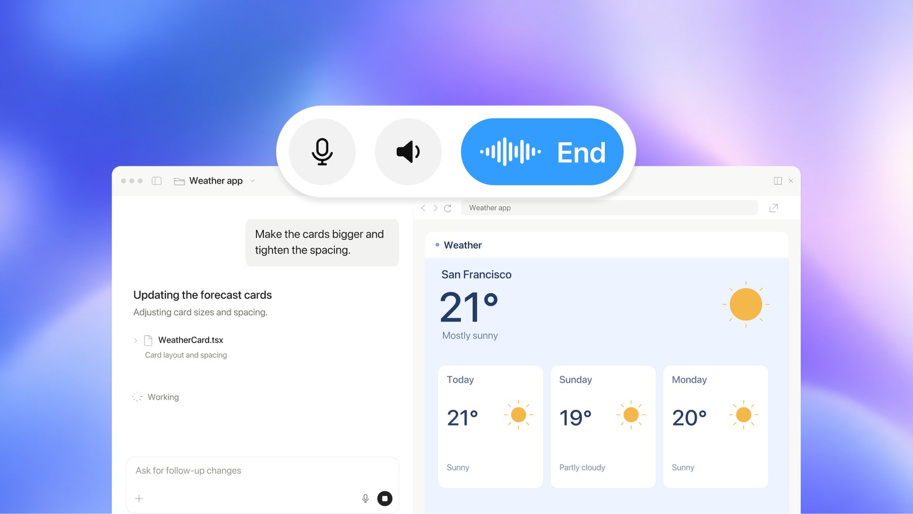Codex-Fenster mit Sprachsteuerungsleiste aus Mikrofon, Lautsprecher und "End"-Button, links die Anweisung "Make the cards bigger and tighten the spacing", rechts die Vorschau einer Wetter-App für San Francisco.