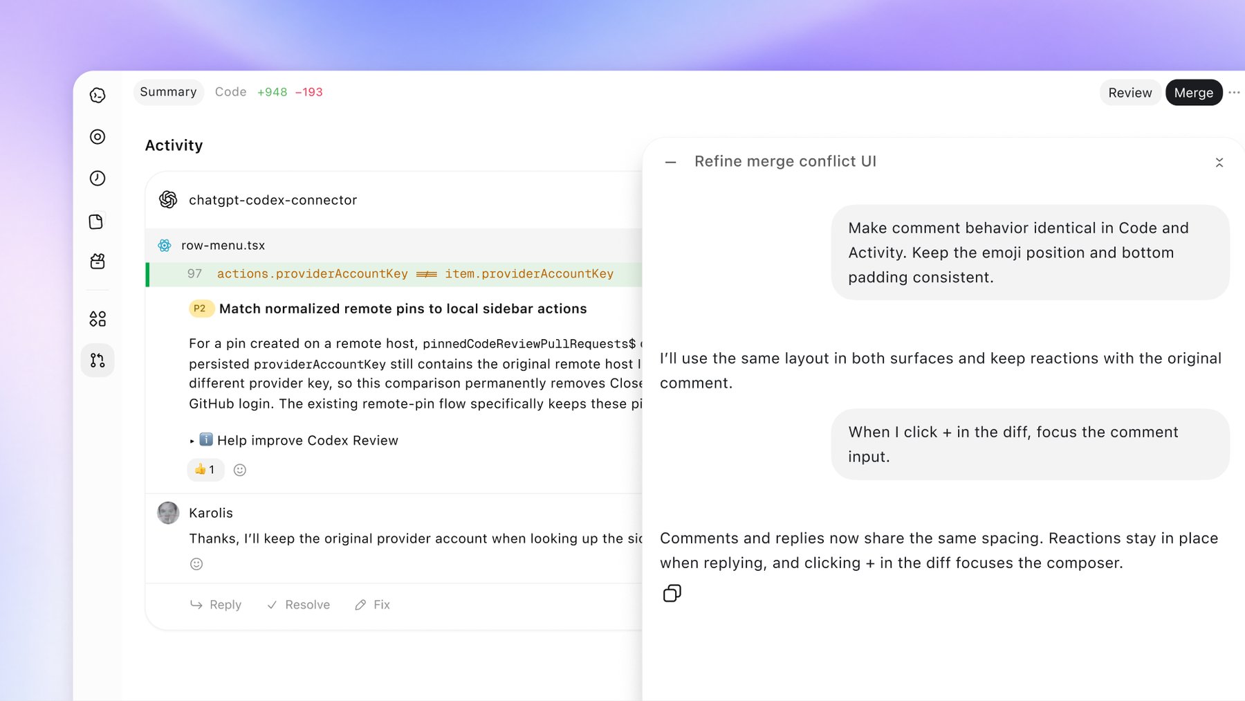 Code-Review-Ansicht mit einem Kommentar von Codex zur Datei row-menu.tsx, der Priorität P2 und Buttons für Reply, Resolve und Fix, rechts ein Chatverlauf zur Überarbeitung der Merge-Conflict-Oberfläche.