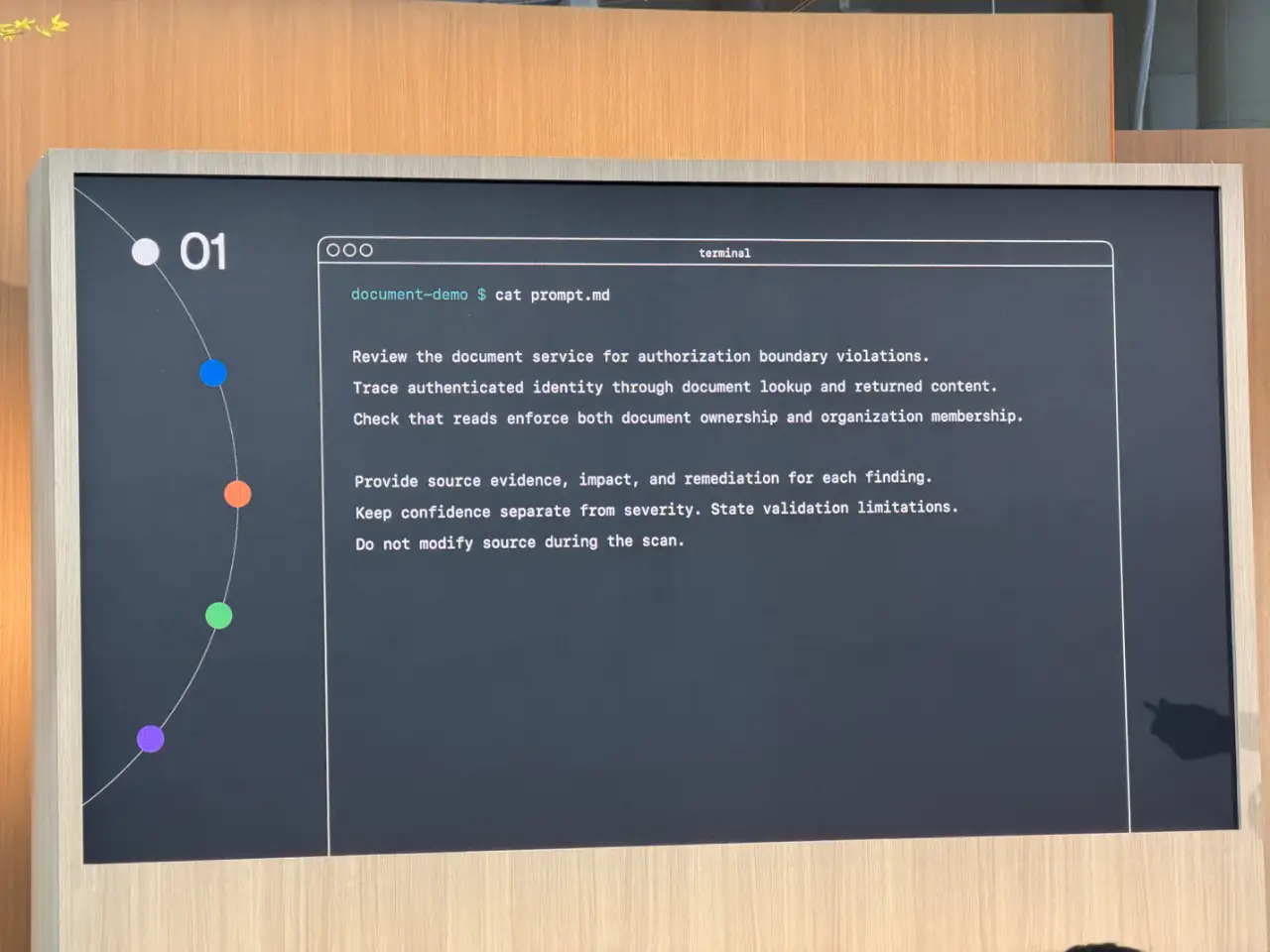 A presentation screen styled as a terminal displays a prompt to review a document service for authorization boundary violations. It asks the reviewer to trace authenticated identity through document lookup and returned content; check ownership and organization membership; provide evidence, impact and remediation; distinguish confidence from severity; state validation limits; and not modify source during the scan. A curved line with colored dots appears beside the terminal, under the heading “01.”
