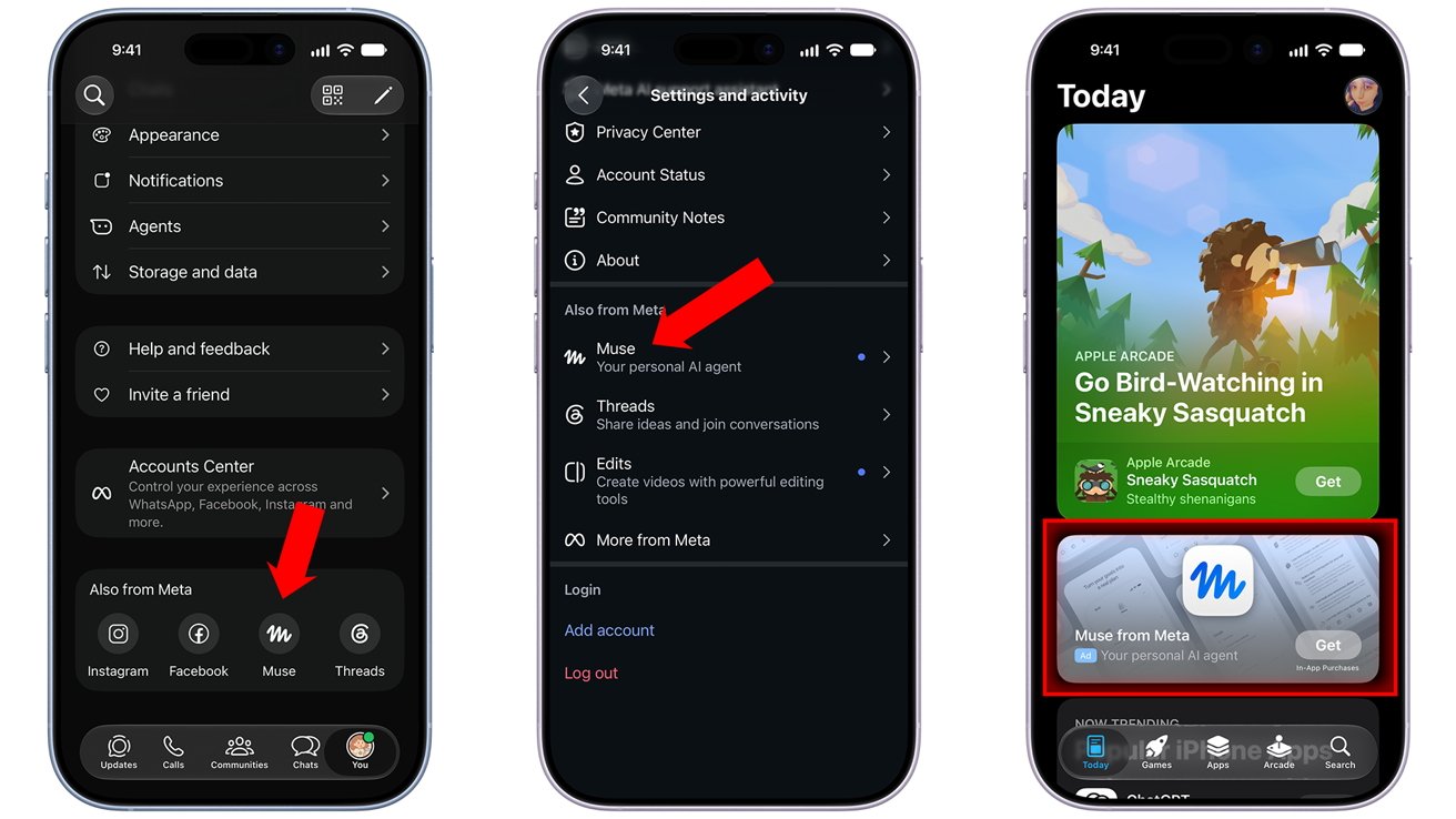 Image 2: Prompts to download Muse in WhatsApp, Instagram, and an ad for Muse in the iOS App Store