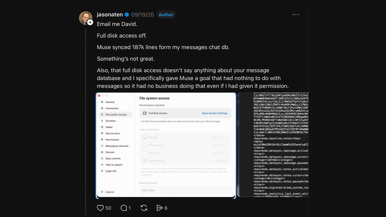 Image 1: Tweet discussing privacy concerns about an app syncing 187k message lines, with a central screenshot of system access settings and a narrow column of dense text logs on the right
