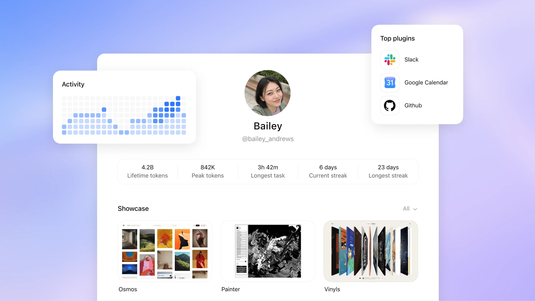 Image 21: Shareable profile for Bailey with activity and showcased creations.