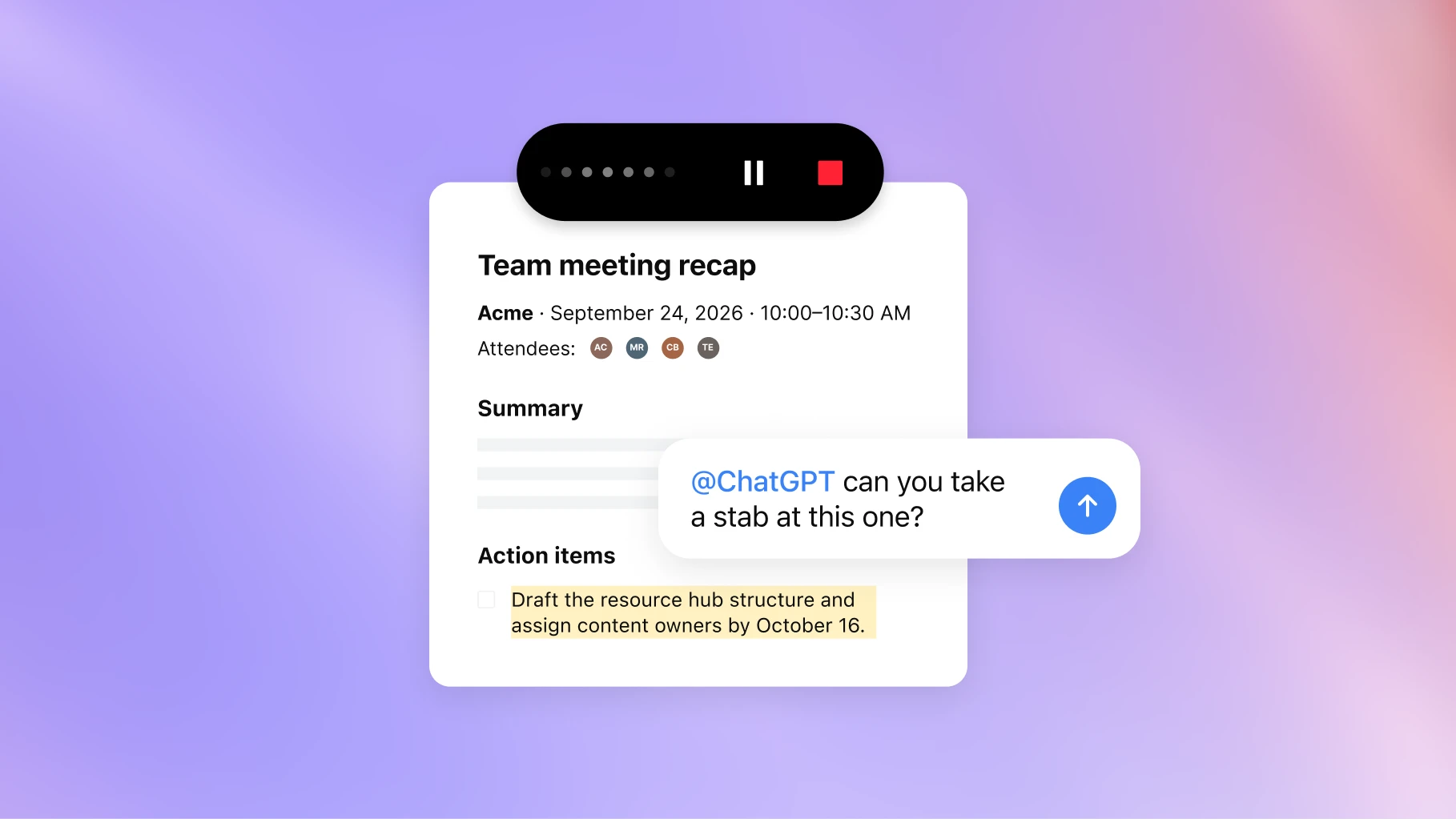 Image 20: Meeting recap with an @ChatGPT action request.