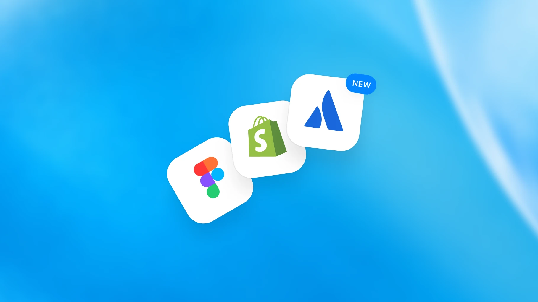 Image 12: Figma, Shopify, and plugin cards on a blue background.