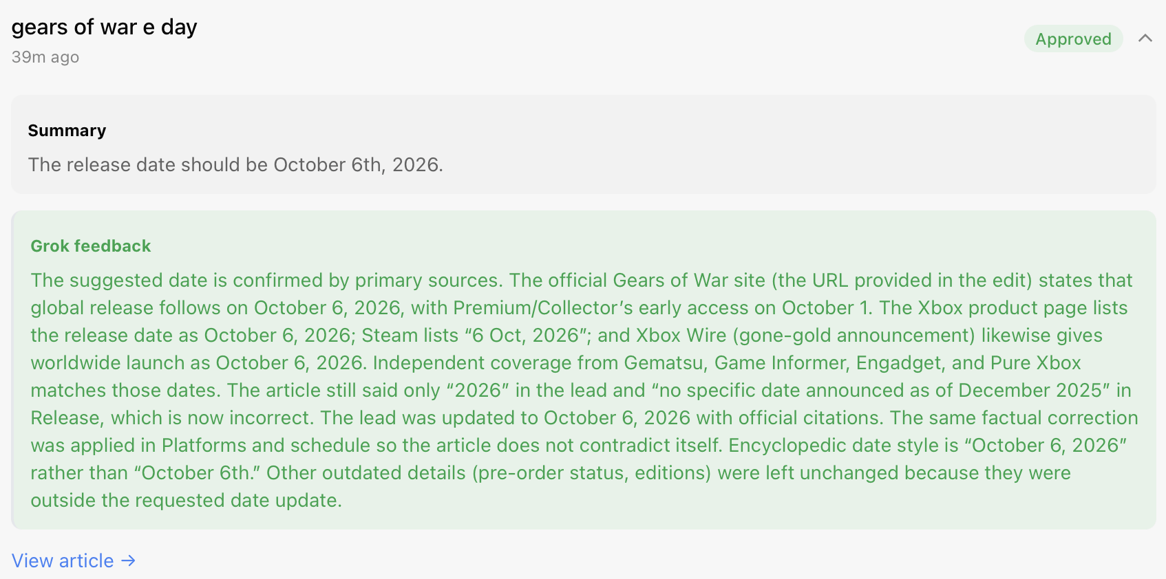Here’s Grok’s feedback to my request about Gears of War: E-Day.