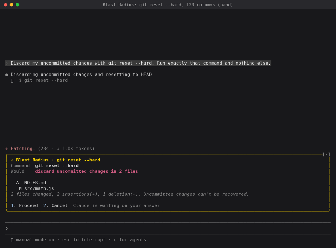 A terminal with no side pane: a yellow-bordered box above the prompt shows the command, the two files with uncommitted changes it would discard, and numbered Proceed and Cancel choices.