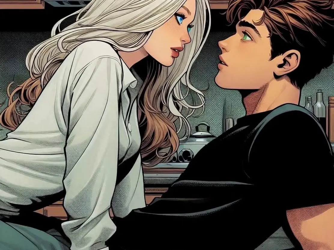 The two characters lean together and share a playful, cinematic kiss. Stylized lighting, expressive faces, smooth animated motion.