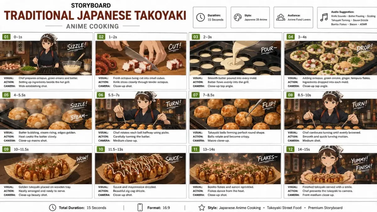 Please use the rough pencil storyboard as a visual reference only.

The storyboard is intended solely for composition, camera angles, hand movements, ingredient placement, and cooking continuity.

Convert the final video into a high-quality, full-color Japanese 2D animation cooking video.

Do not retain the black-and-white pencil sketch appearance.

Generate a 15-second, 16:9 horizontal Japanese 2D anime cooking video showing the complete process of making traditional Japanese Takoyaki.

The cooking process itself is the protagonist.

Do not reveal the finished Takoyaki at the beginning.

Scenes 1–11 focus entirely on preparation, batter pouring, grilling, rotating, seasoning, or cinematic atmosphere.

Only Scene 12 reveals the finished Takoyaki.

Do not repeat finished beauty shots.

------------------------------------------------

Video Style

Premium Japanese 2D anime.

Warm Osaka street food shop lighting.

Soft painterly backgrounds.

Beautiful hand-drawn animation.

Golden crispy Takoyaki.

Natural steam simulation.

Rich batter texture.

Glossy sauce.

Dancing bonito flakes.

Strong ASMR feeling.

No live action.

No photorealism.

No CGI.

No game graphics.

------------------------------------------------

Main Character

A young Japanese female street-food chef in her early 20s.

Short dark brown bob haircut.

Warm expressive anime eyes.

Wearing a traditional navy happi coat over a white shirt.

Black apron.

White headband.

Gentle confident smile.

She appears throughout every cooking scene.

Maintain perfect character consistency.

------------------------------------------------

Camera Style

16:9 cinematic framing.

Wide Takoyaki stall establishing shots.

Overhead preparation shots.

Side-angle grill compositions.

Macro batter close-ups.

Smooth cinematic push-ins.

Natural cooking speed.

No time-lapse.

Every cooking action remains physically correct.

Steam remains visible throughout.

------------------------------------------------

Scene 1 (0.0–1.0s)

A warm Osaka street food stall.

The young chef prepares octopus, batter, green onions, pickled ginger and tempura flakes beside the Takoyaki grill.

Morning sunlight filters into the shop.

------------------------------------------------

Scene 2 (1.0–2.0s)

Fresh octopus is sliced into small cubes on a wooden cutting board.

Knife movement remains smooth and controlled.

------------------------------------------------

Scene 3 (2.0–3.0s)

The chef pours creamy batter into every Takoyaki mold.

The batter fills each round cavity evenly.

------------------------------------------------

Scene 4 (3.0–4.0s)

Octopus cubes, green onions, ginger and tempura flakes are gently placed into the batter.

Everything settles naturally.

------------------------------------------------

Scene 5 (4.0–5.5s)

The batter begins cooking.

Tiny bubbles form.

Steam rises.

Golden edges appear.

Macro close-up.

------------------------------------------------

Scene 6 (5.5–7.0s)

Using two Takoyaki picks, the chef gently rotates each ball halfway.

The batter folds naturally.

Perfect cooking physics.

------------------------------------------------

Scene 7 (7.0–8.5s)

Macro flavor close-up.

The Takoyaki rotates continuously.

Golden crispy crust develops beautifully.

Oil glistens.

Steam fills the frame.

------------------------------------------------

Scene 8 (8.5–10.0s)

The chef continues rotating every Takoyaki until perfectly spherical.

Smooth elegant hand movements.

Golden surface becomes evenly browned.

------------------------------------------------

Scene 9 (10.0–11.5s)

Finished Takoyaki is transferred onto a wooden serving boat.

Steam rises naturally.

------------------------------------------------

Scene 10 (11.5–13.0s)

Dark Takoyaki sauce is slowly drizzled.

Japanese mayonnaise creates elegant zig-zag lines.

Macro close-up.

------------------------------------------------

Scene 11 (13.0–14.0s)

Bonito flakes and green aonori are sprinkled.

The bonito flakes begin dancing naturally from the heat.

The camera slowly pushes closer.

------------------------------------------------

Scene 12 (14.0–15.0s)

Final reveal.

The young chef smiles warmly while presenting the finished Takoyaki toward the viewer.

Golden crispy Takoyaki.

Glossy sauce.

Creamy mayonnaise.

Dancing bonito flakes.

Steam rises naturally.

Warm Osaka street food atmosphere.

Slow cinematic push-in emphasizing texture, craftsmanship and comfort.

------------------------------------------------

Prohibited

No subtitles.

No text.

No logos.

No watermarks.

No narration.

No dialogue.

No background music.

No eating scenes.

No exaggerated reactions.

No opening beauty shot.

No repeated finished dish.

No unrealistic hand movement.

No floating ingredients.

Maintain realistic cooking continuity throughout.

Macro close-ups should emphasize steam, sizzling, crispy texture, glossy sauce, dancing bonito flakes and subtle camera breathing. Every scene should feel handcrafted, warm and cinematic, inspired by premium Japanese cooking anime.