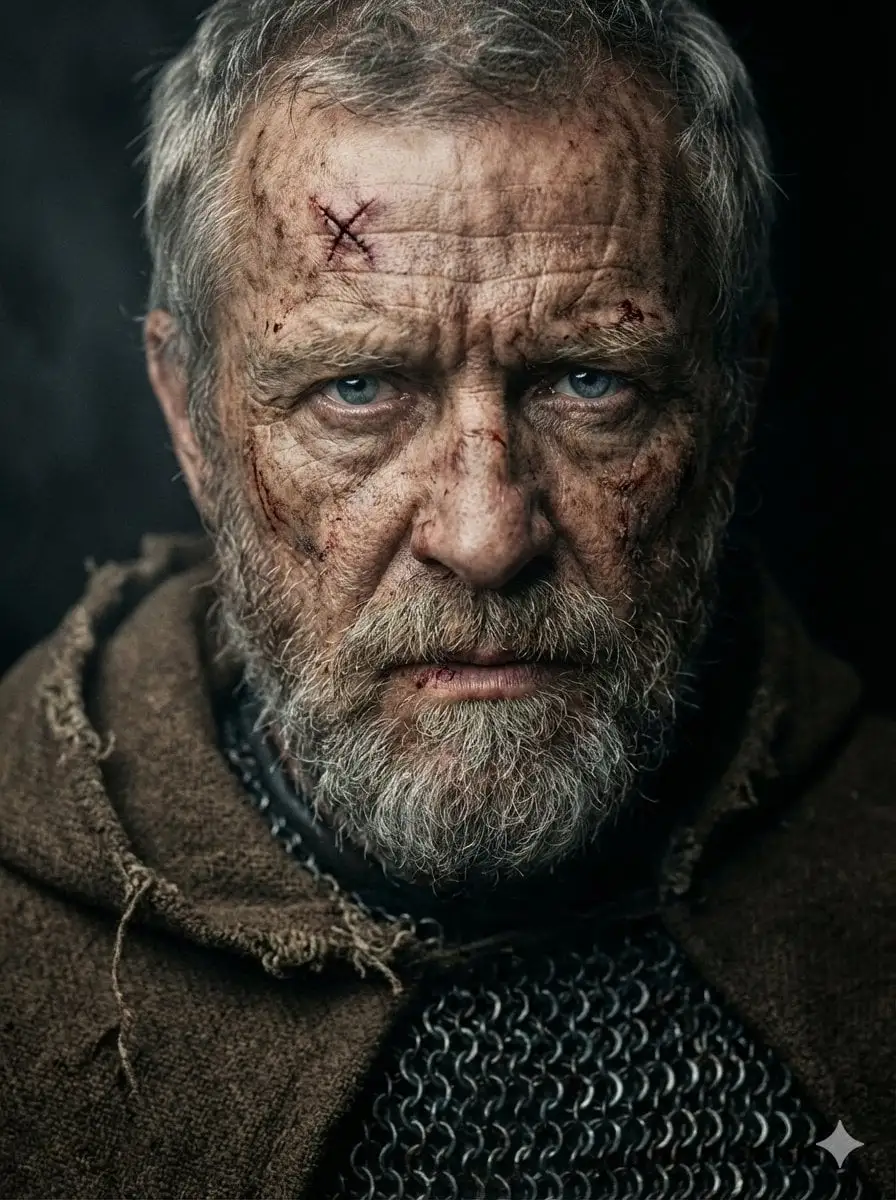 A hyper-realistic, cinematic close-up portrait of a battl...
