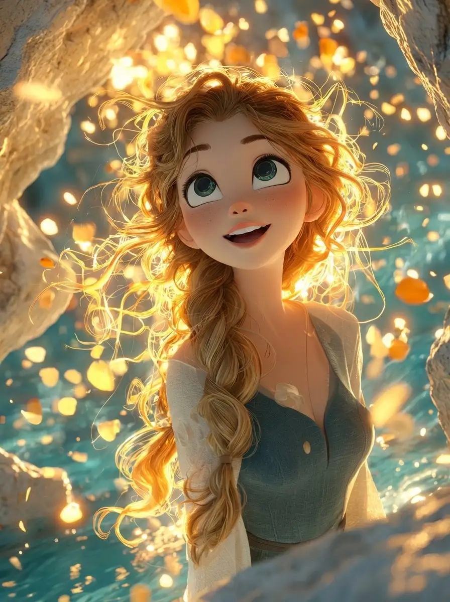 A dreamy, cinematic 3D animated girl with big expressive ...