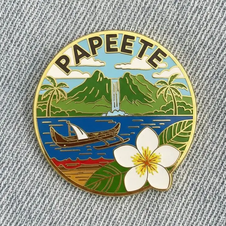 Close-up photo of a collectible enamel pin of [CITY], gol...