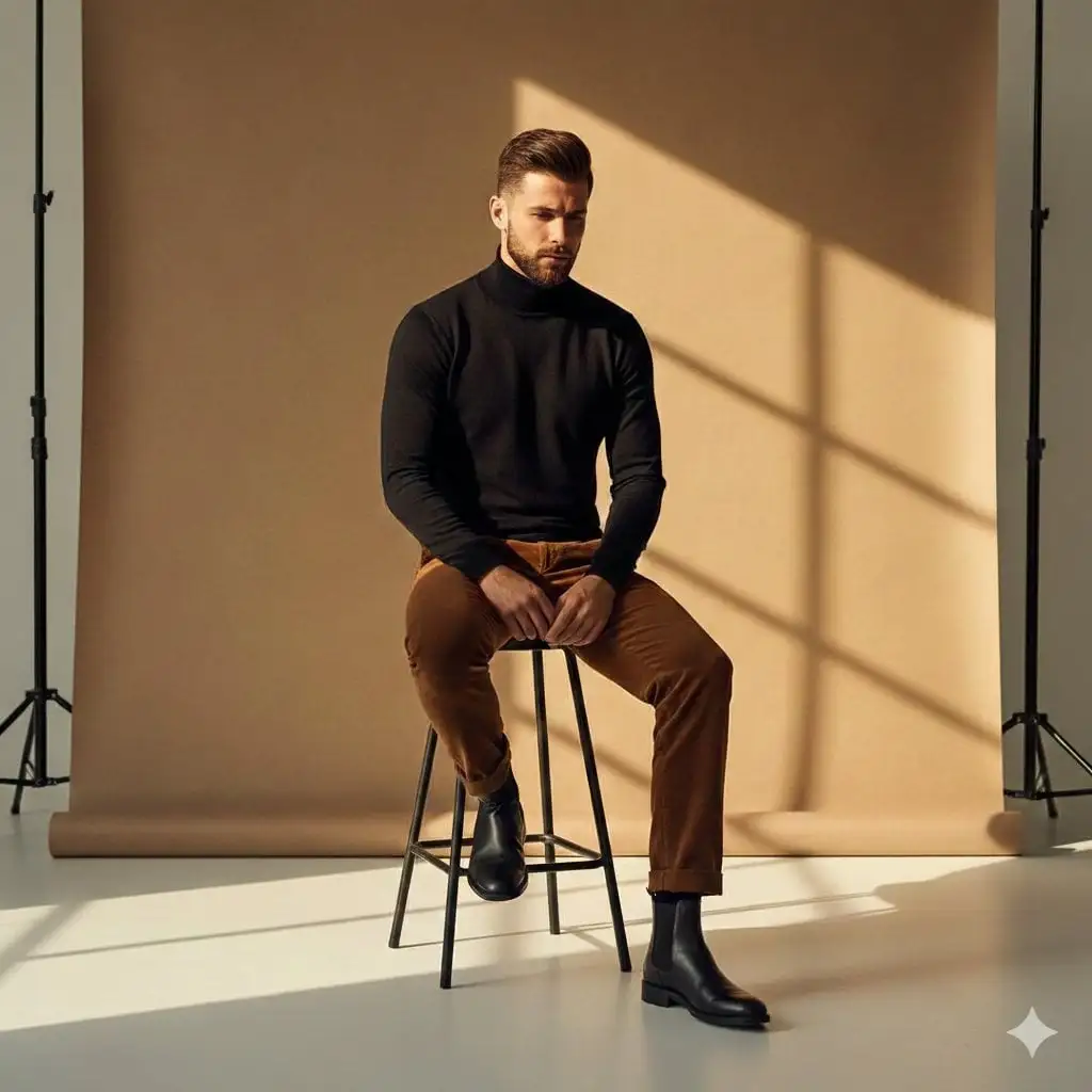 A high-fashion cinematic portrait of a man with a groomed...
