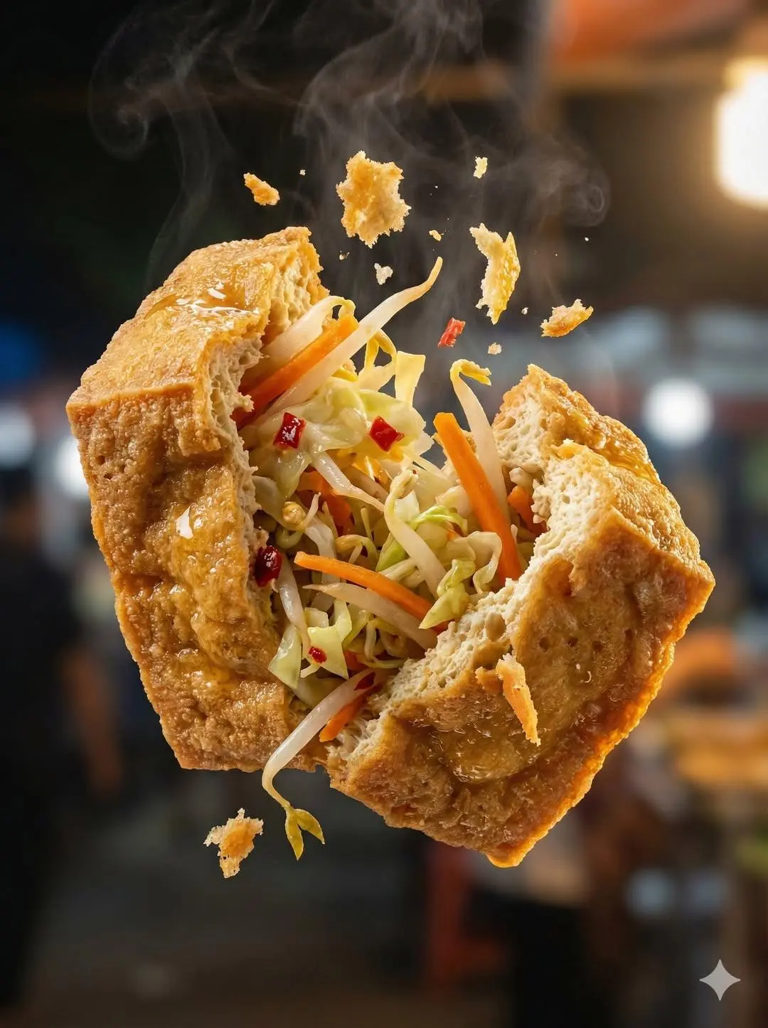"Macro food photography of a crispy martabak telur tearin...