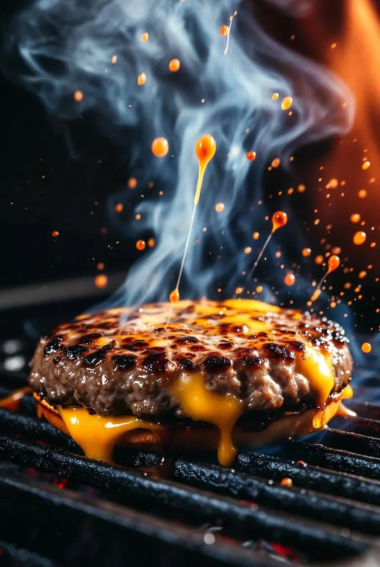 A hyper-realistic, cinematic close-up of a sizzling gourm...