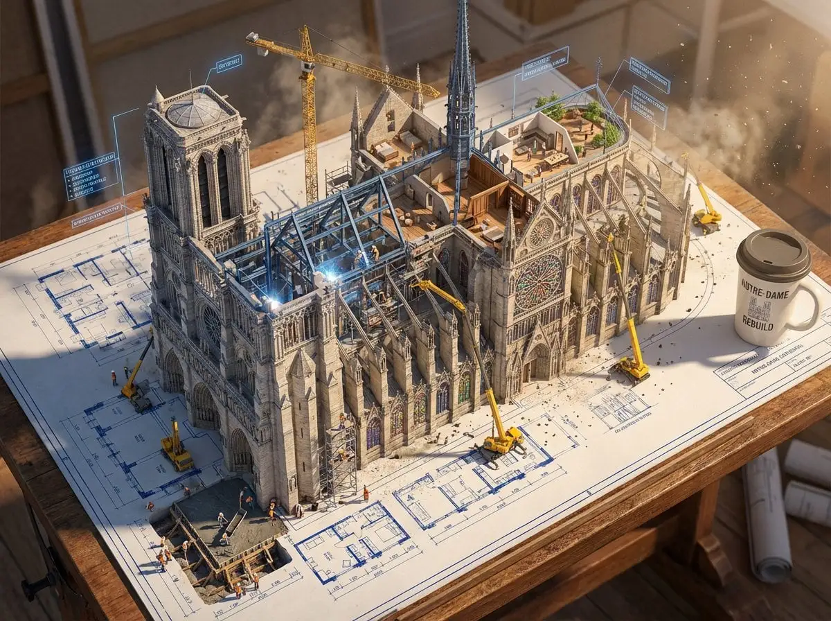 Epic 3D scene: a massive architectural blueprint of [BUIL...