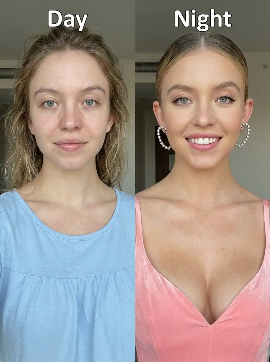 Before-and-after upper-body portrait photo of Sydney Swee...