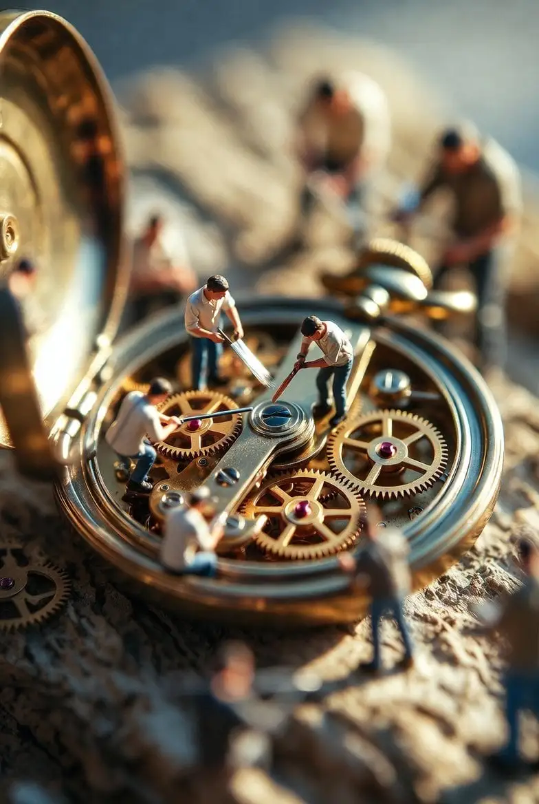 Ultra-realistic macro scene depicting tiny restoration wo...
