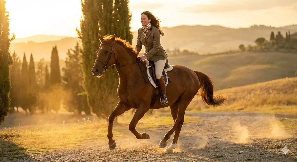 24-year-old female equestrian model riding a galloping ch...