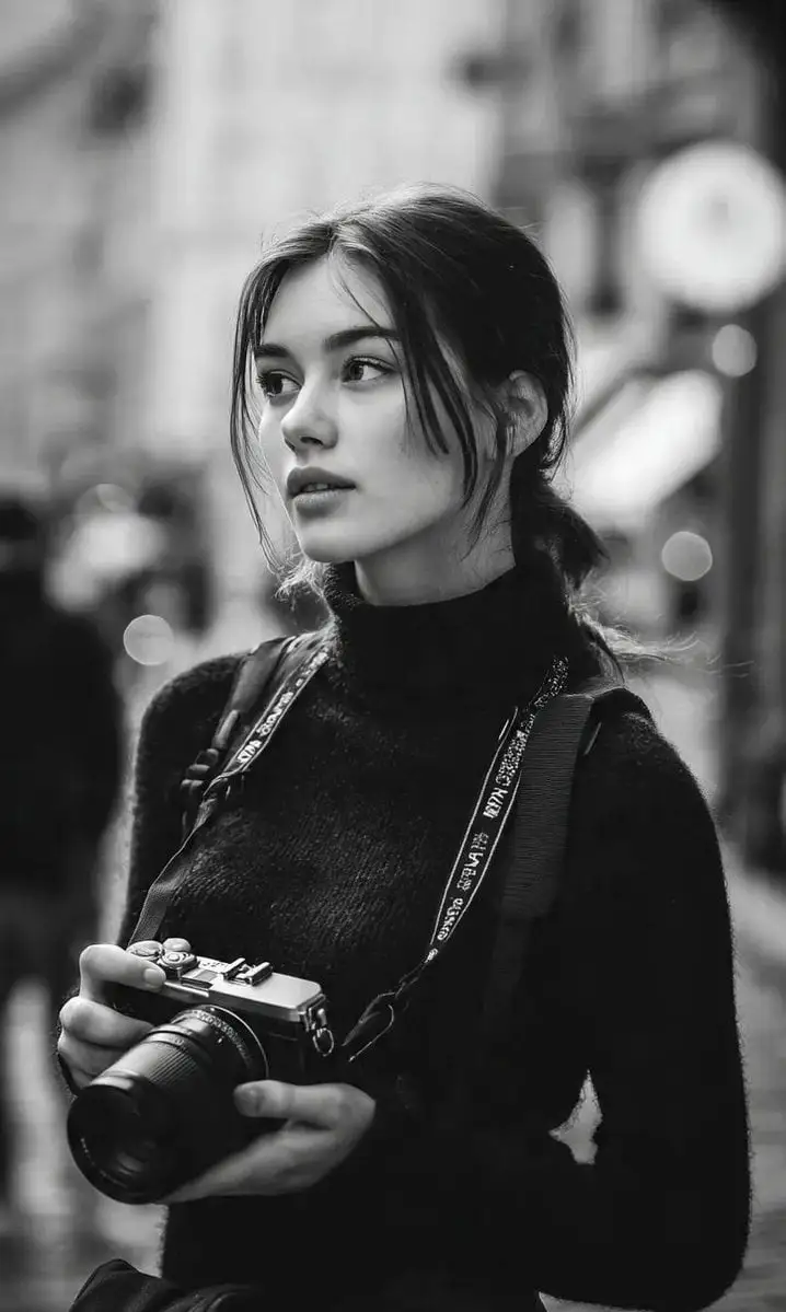 A cinematic black-and-white street portrait of a young wo...