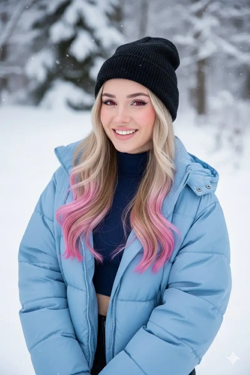 A blonde girl with pink-tipped hair and vibrant red eyes,...