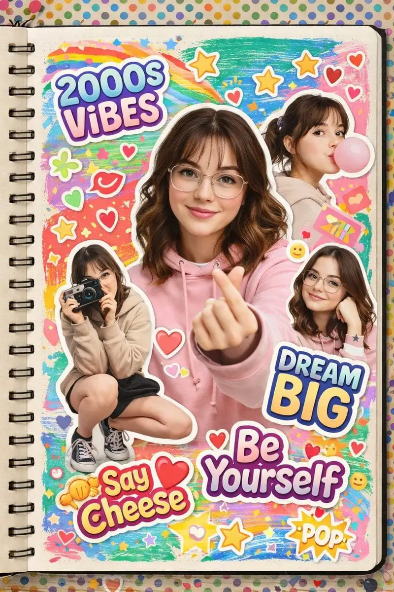 A vibrant 2000s scrapbook-style collage featuring the sam...