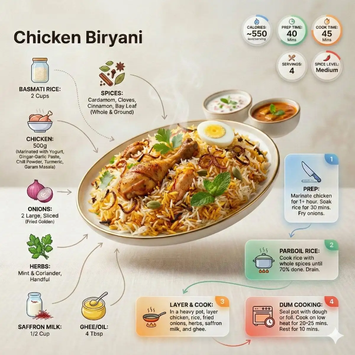 Ultra-clean modern recipe infographic. Showcase briyani i...