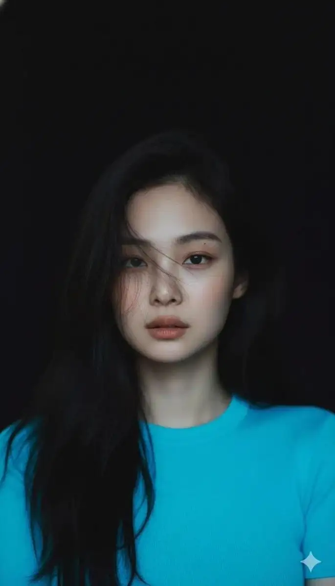 Create Moody cinematic portrait of a young woman with cle...