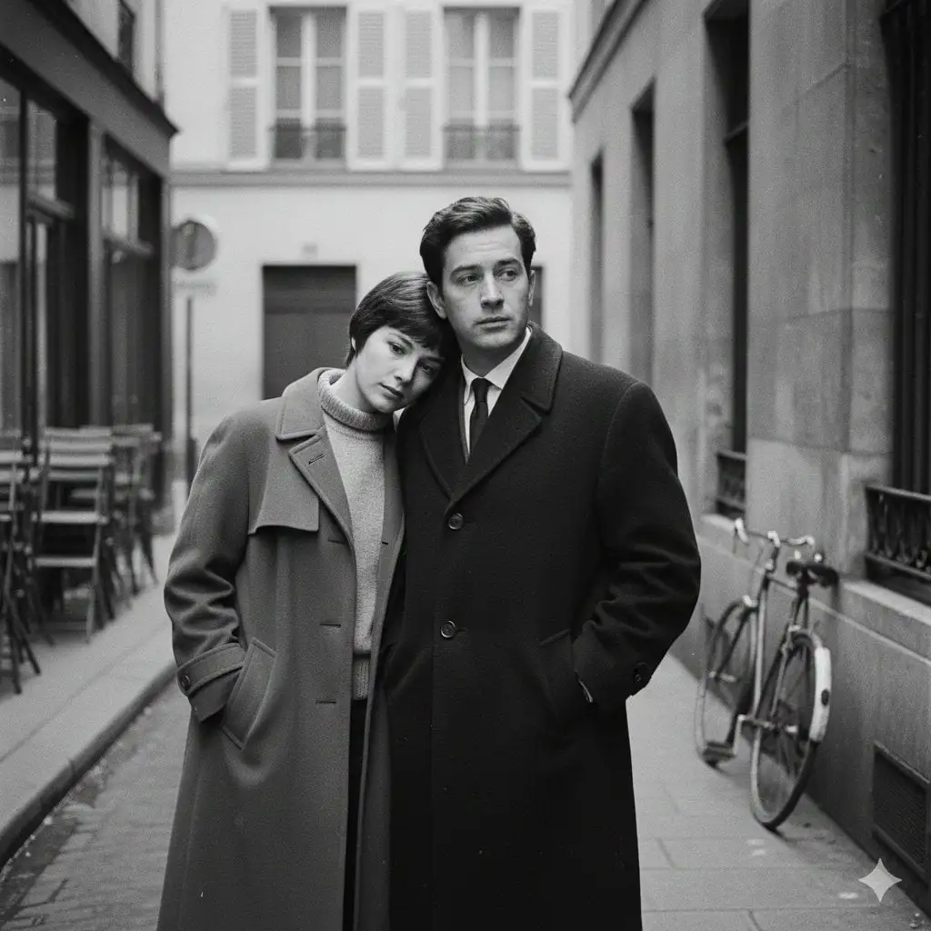 A French New Wave–style minimalist lovers scene, black an...
