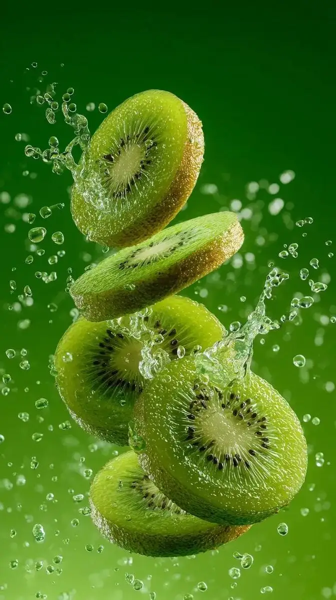 A hyper-realistic image of a sliced kiwi splashing in a s...