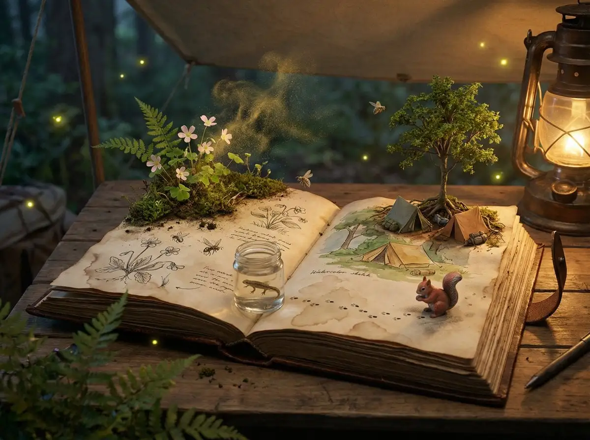 Epic 3D scene: a weathered field journal lies open on a n...