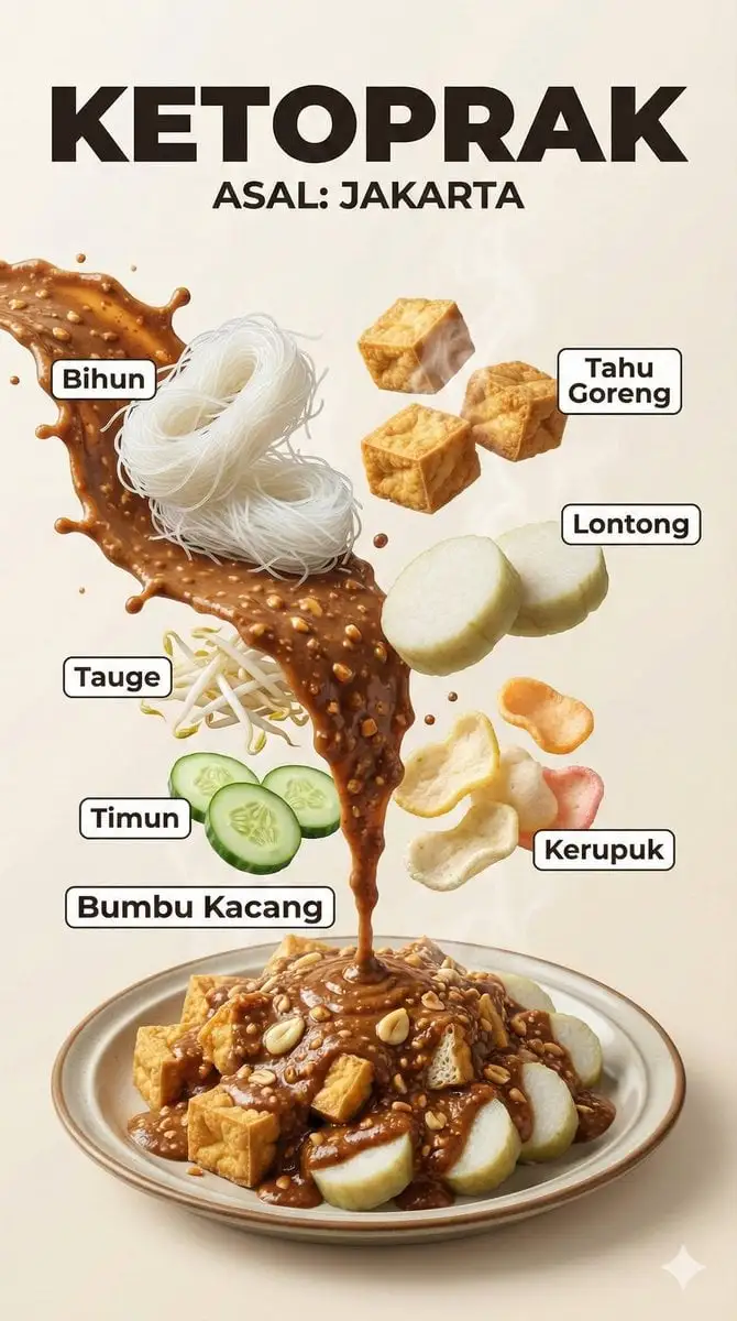A hyper-realistic Indonesian food infographic poster with...