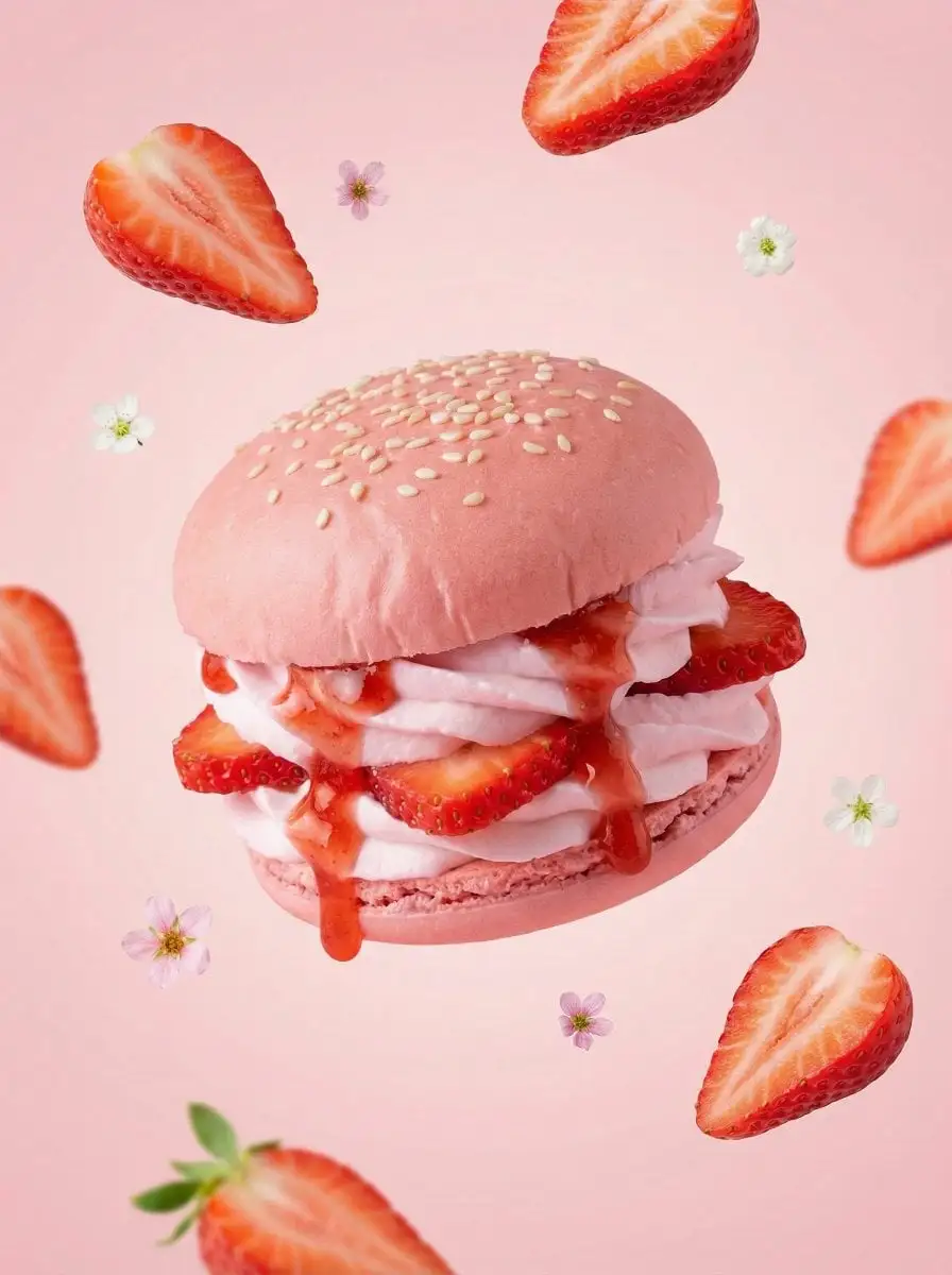 A hyper-realistic {FRUIT} dessert burger, centered compos...