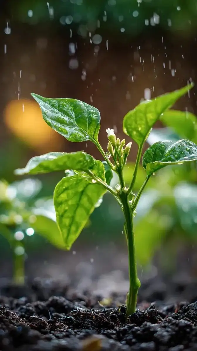 A small chili plant with glossy green leaves and one tiny...