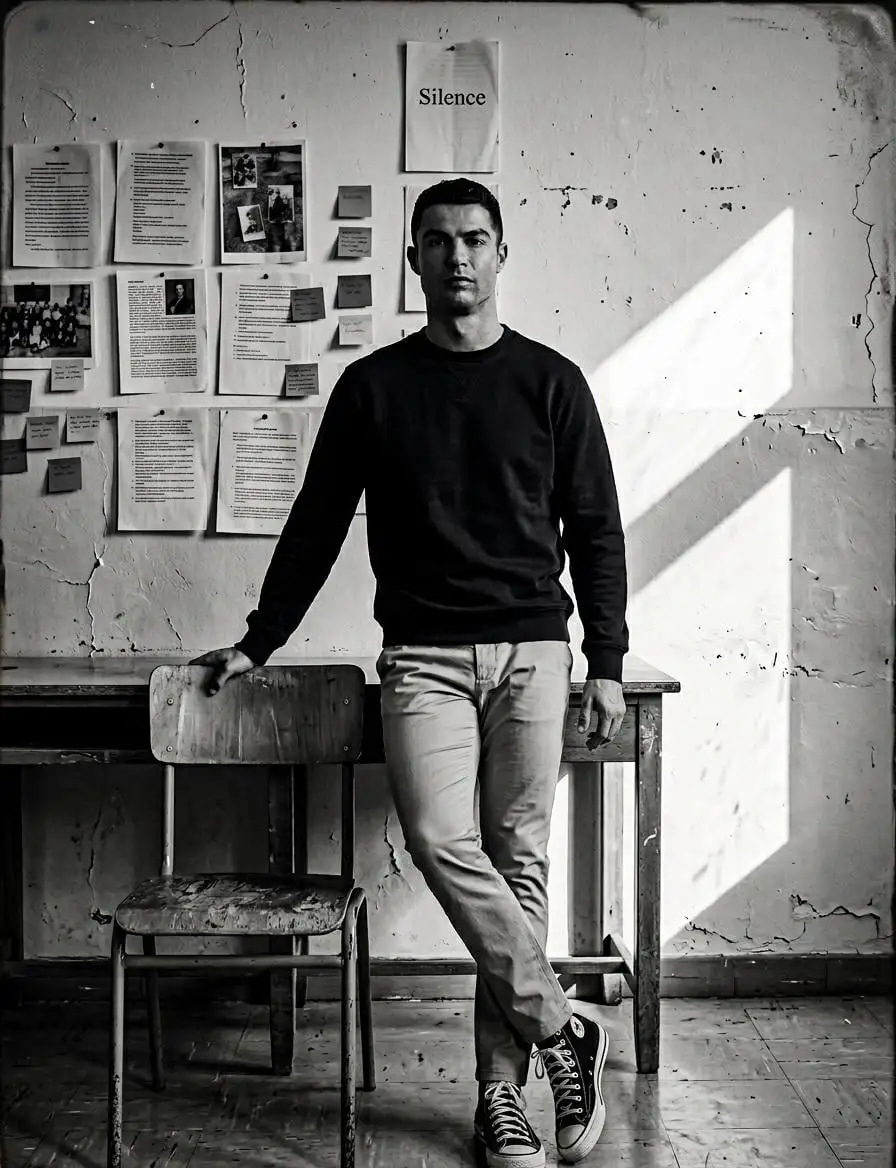 Create a high-contrast black and white portrait in a quie...