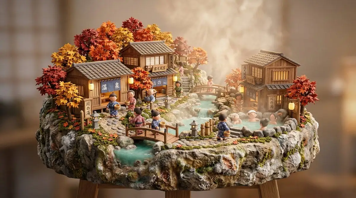 3D miniature scene, a [JAPANESE ONSEN VILLAGE] with [wood...