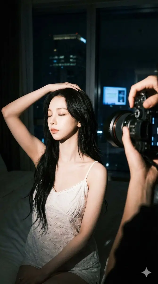 Behind-the-scenes indoor photography at night, high-contr...