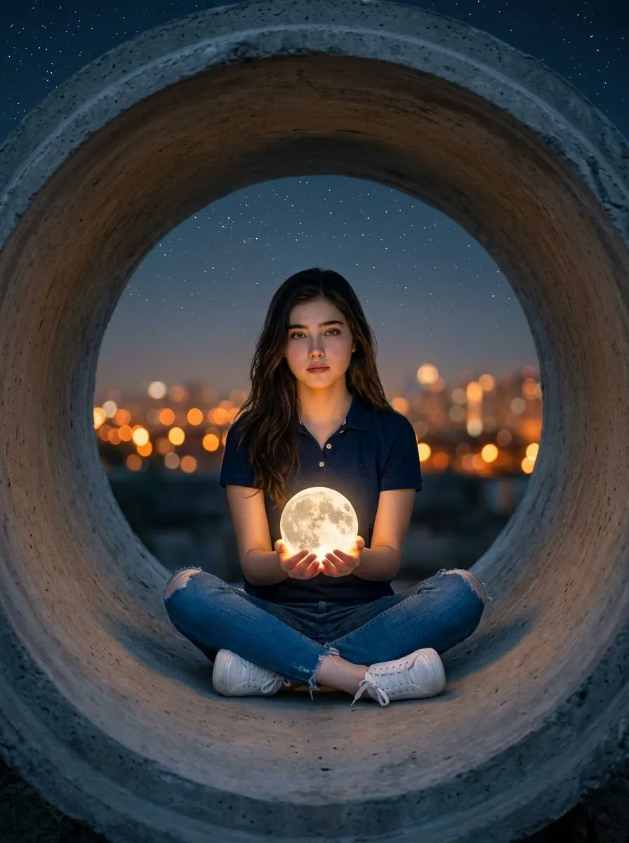 Hyper-realistic surreal photography of a woman sitting in...