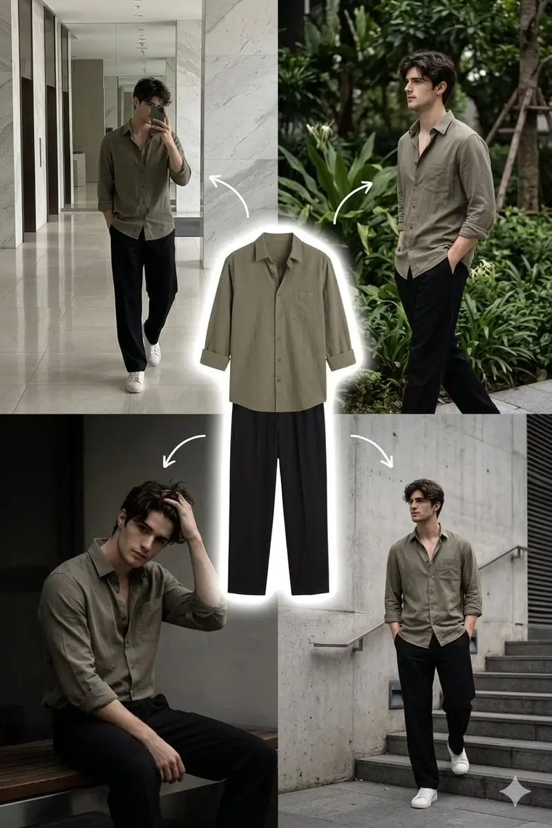 A stylish young man with medium-length wavy dark hair and...
