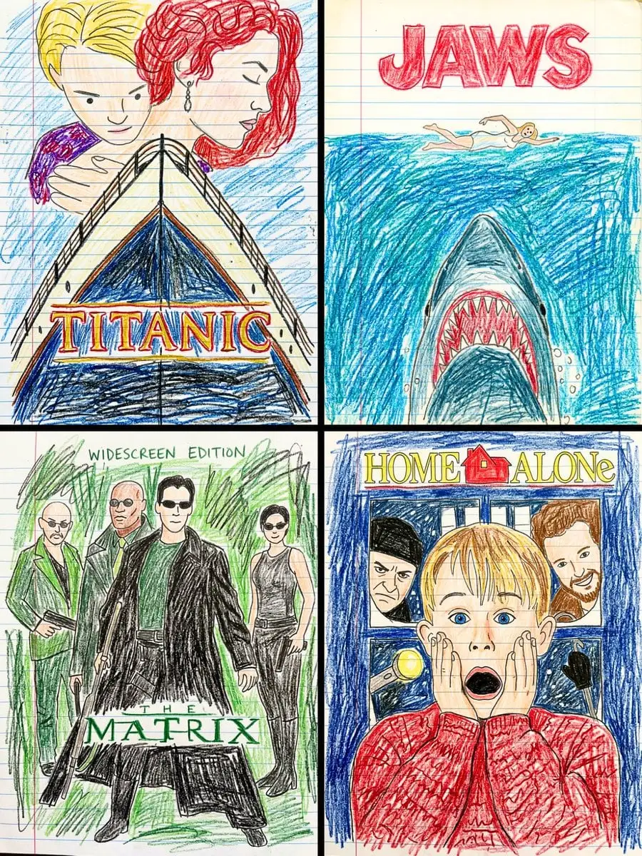 Transform this movie poster into a child’s crayon drawing...