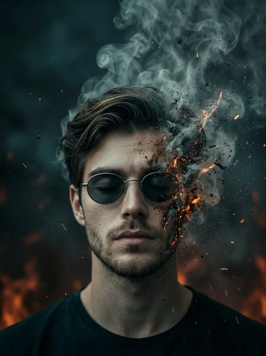 A surreal cinematic portrait of a young man with oval sun...