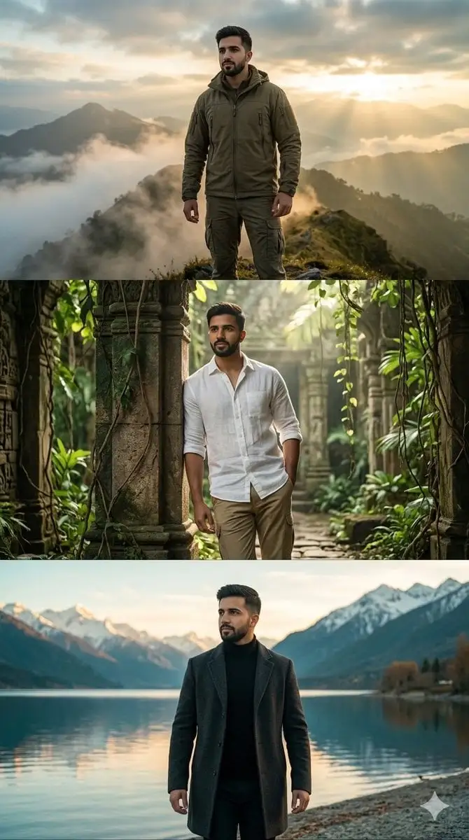 Create a hyper-realistic three-panel vertical cinematic c...