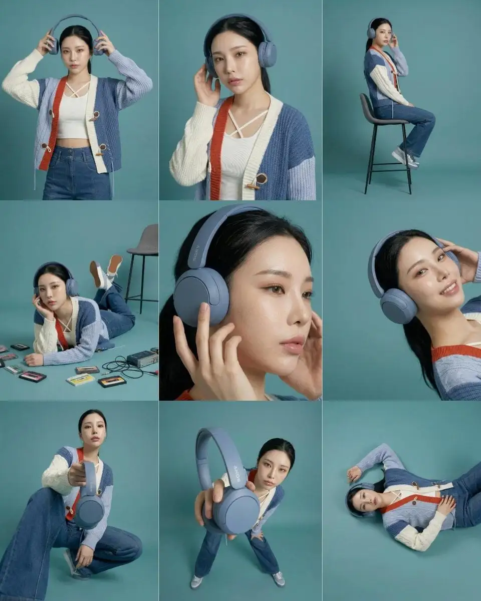 3×3 storyboard grid, nine panels, same subject and outfit...