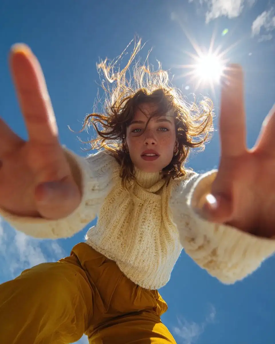 Ultra wide-angle low-angle portrait shot from ground pers...