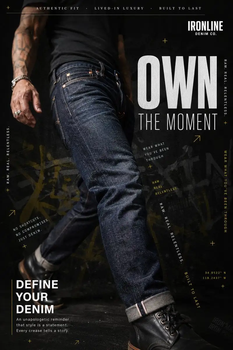 A hyperrealistic premium denim advertisement shot in a da...