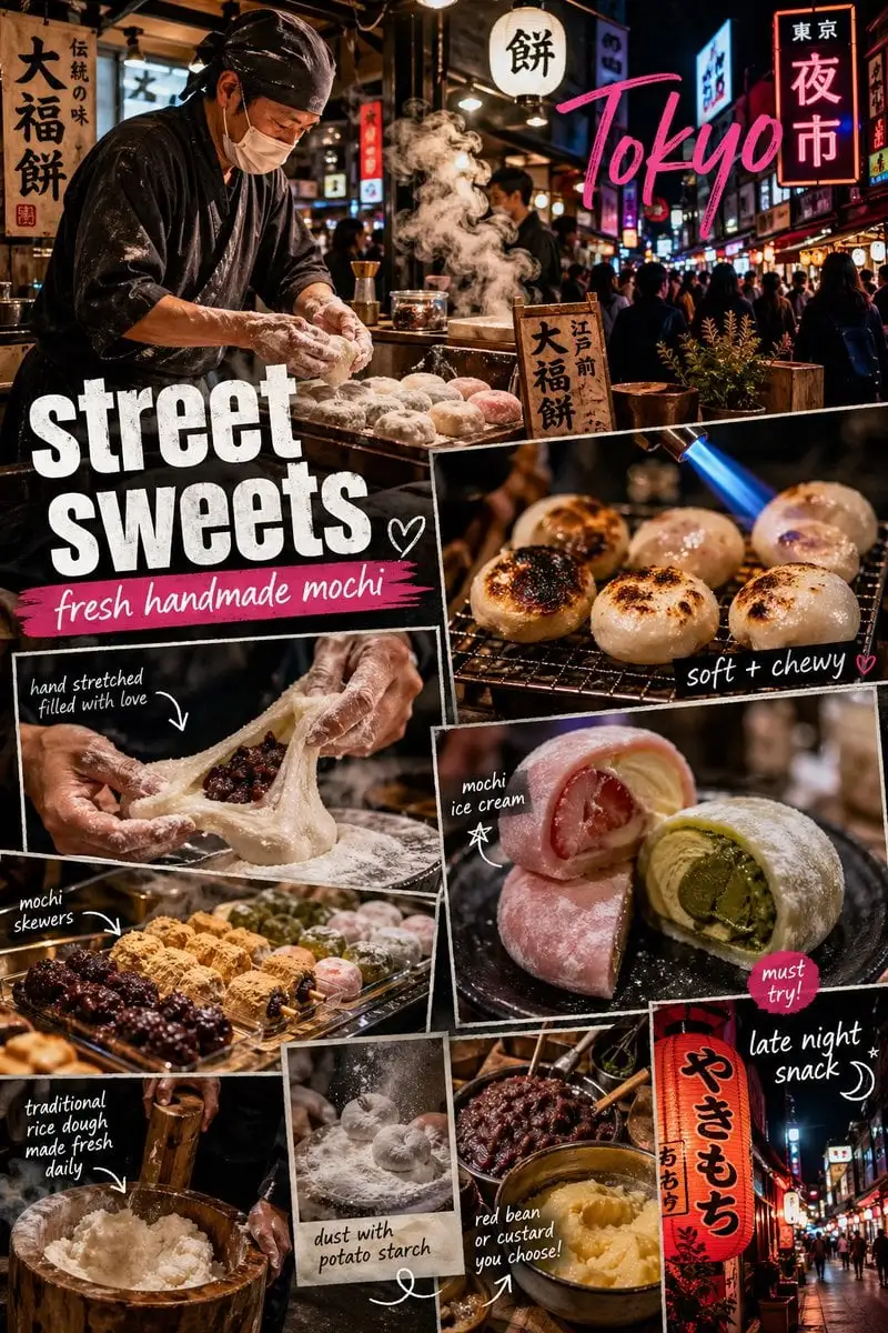 A vibrant Tokyo street food scene focused on Japanese moc...