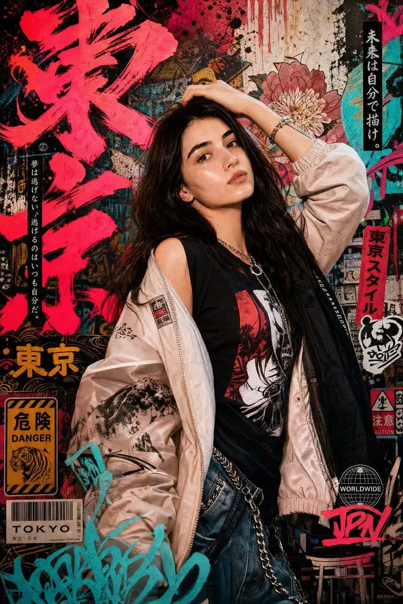 Create a high-detail portrait poster in a bold Japanese g...