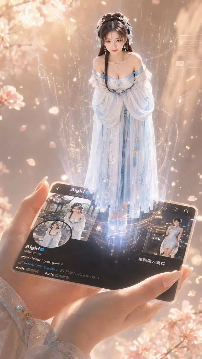 一只纤细优雅的手轻轻握着一张高度详细的X个人资料卡圖2，资料卡平放着，从资料卡表面浮现出一个全身站立的美丽少女圖1...
