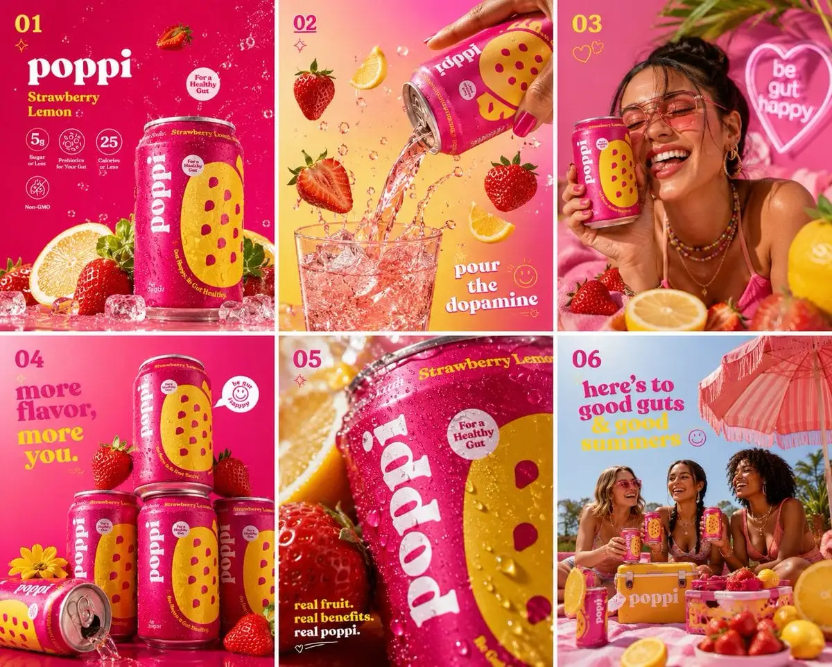 Ultra vibrant Poppi Strawberry Lemon soda hero shot, hot ...